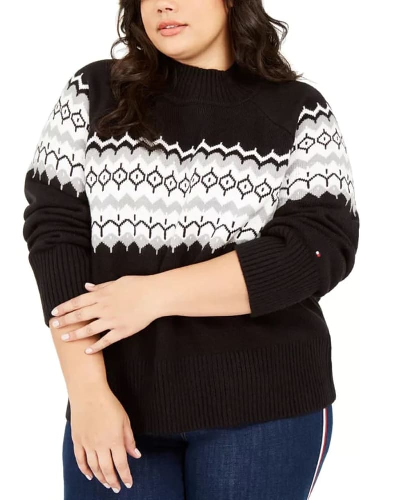 Front of a model wearing a size 2X Tommy Hilfiger Women's Plus Size Fair Isle Mock-Neck Sweater Gray Size 2X in Gray by Tommy Hilfiger. | dia_product_style_image_id:314426